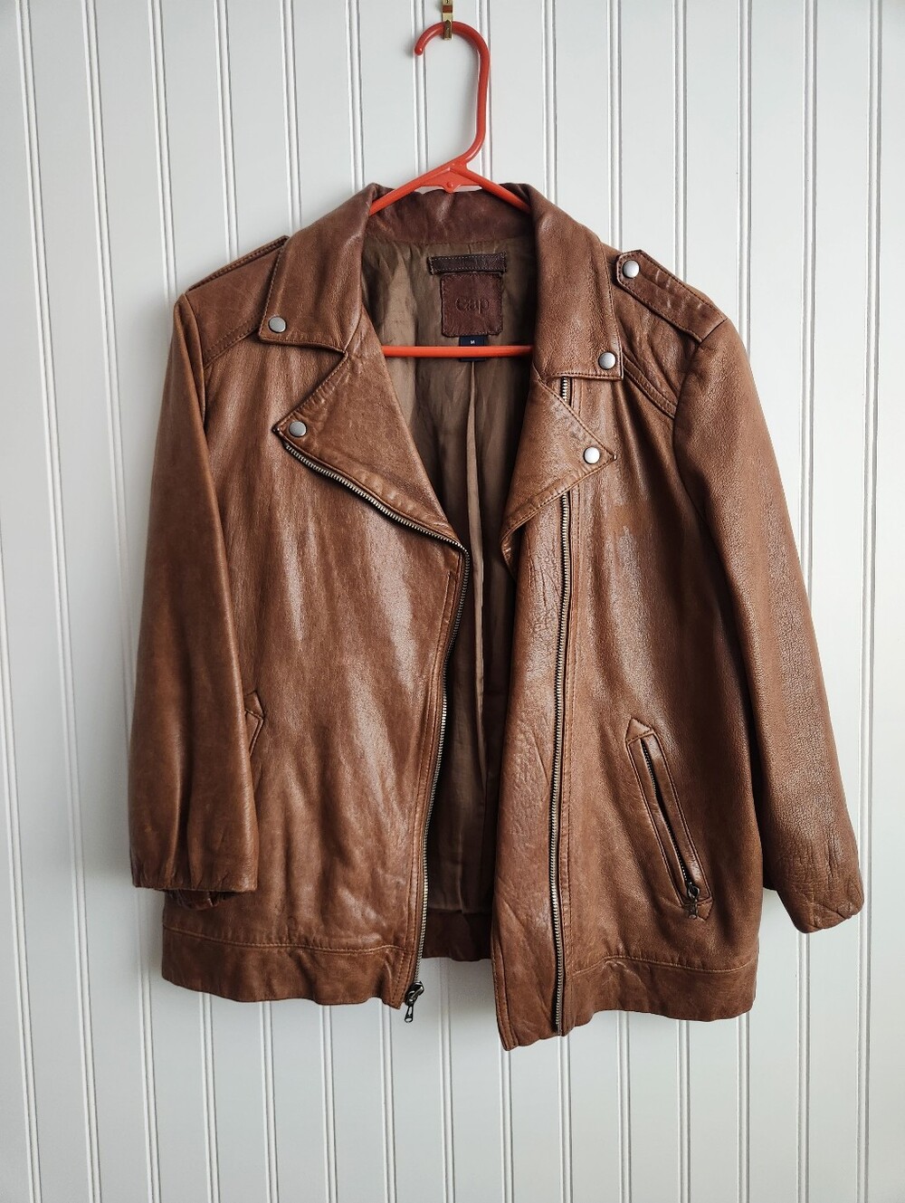 GAP Brown Genuine Leather Cropped Sleeves Biker Jacket Medium